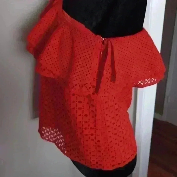 J Crew Women's Red Orange One Shoulder Ruffled Eyelit Top 2 - Picture 5 of 13